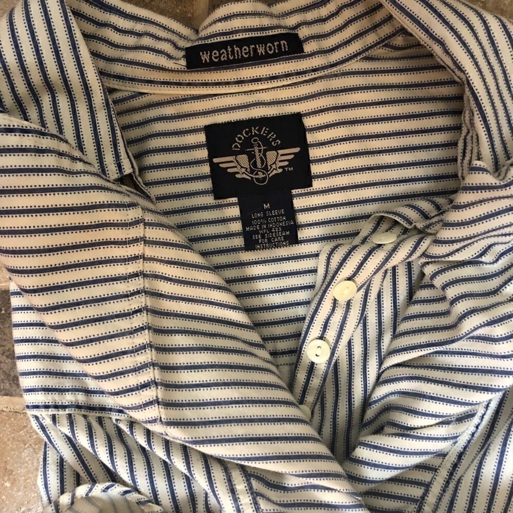 Dockers Blouse Button Down Blue Tan Striped Button Cuffs Collared Medium - Picture 5 of 5